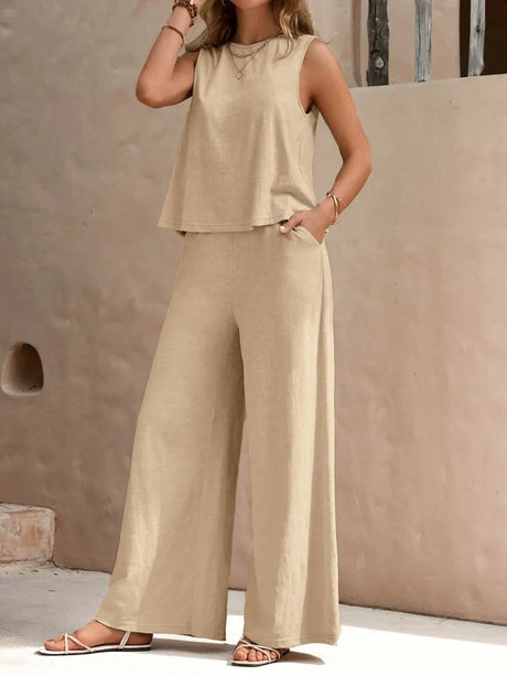 Round Neck Sleeveless Top and Wide Leg Pants Set - V.I.P Digital Presence