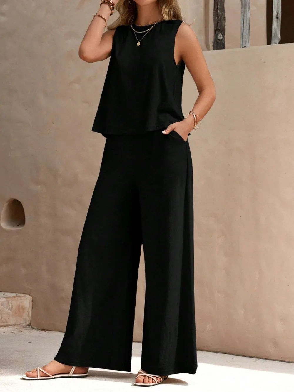 Round Neck Sleeveless Top and Wide Leg Pants Set - V.I.P Digital Presence