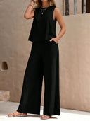 Round Neck Sleeveless Top and Wide Leg Pants Set - V.I.P Digital Presence