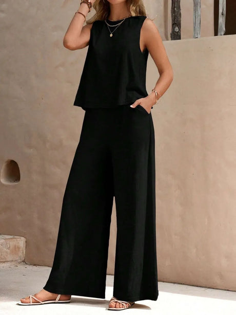 Round Neck Sleeveless Top and Wide Leg Pants Set - V.I.P Digital Presence