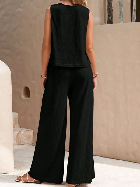 Round Neck Sleeveless Top and Wide Leg Pants Set - V.I.P Digital Presence