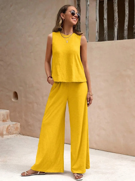 Round Neck Sleeveless Top and Wide Leg Pants Set - V.I.P Digital Presence