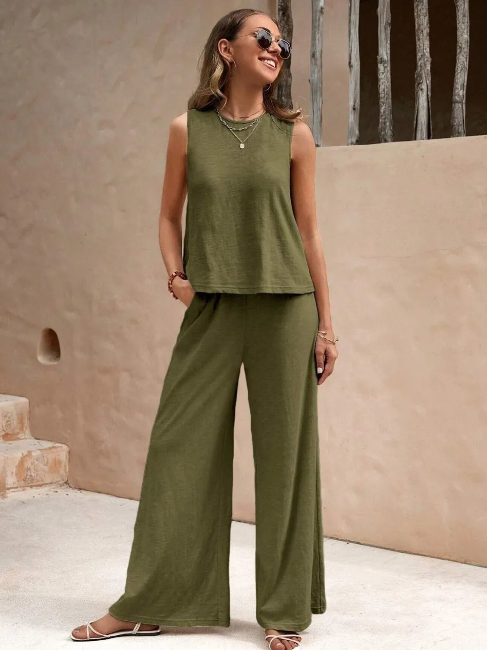 Round Neck Sleeveless Top and Wide Leg Pants Set - V.I.P Digital Presence