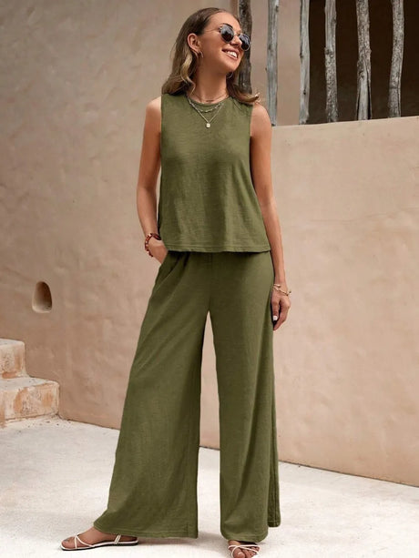 Round Neck Sleeveless Top and Wide Leg Pants Set - V.I.P Digital Presence