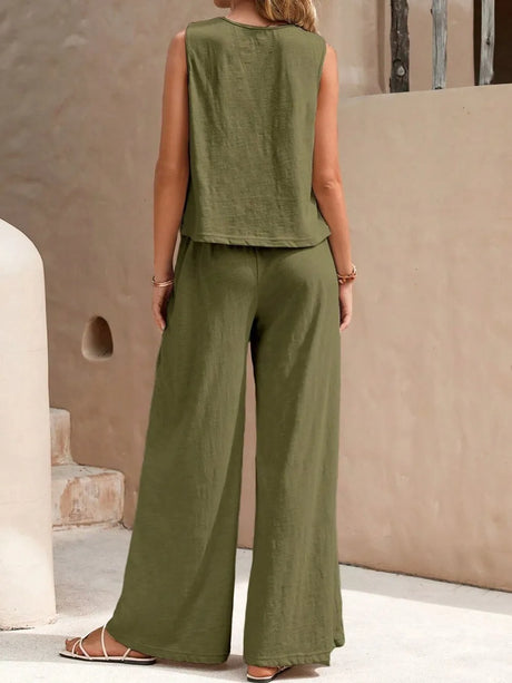 Round Neck Sleeveless Top and Wide Leg Pants Set - V.I.P Digital Presence