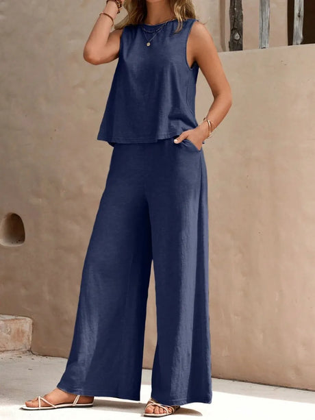 Round Neck Sleeveless Top and Wide Leg Pants Set - V.I.P Digital Presence