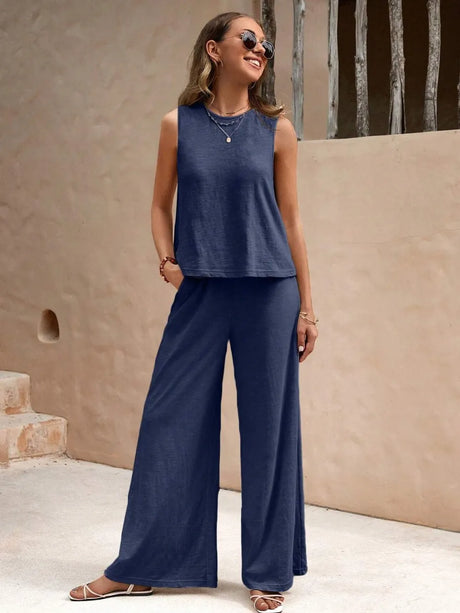 Round Neck Sleeveless Top and Wide Leg Pants Set - V.I.P Digital Presence