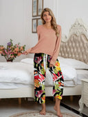 Round Neck Top and Printed Pants Lounge Set - V.I.P Digital Presence