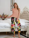 Round Neck Top and Printed Pants Lounge Set - V.I.P Digital Presence