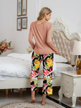 Round Neck Top and Printed Pants Lounge Set - V.I.P Digital Presence