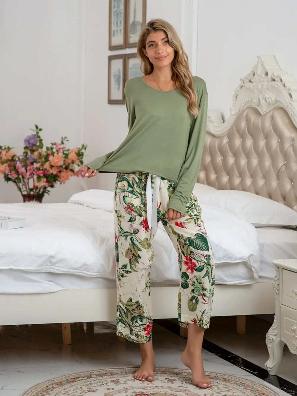 Round Neck Top and Printed Pants Lounge Set - V.I.P Digital Presence