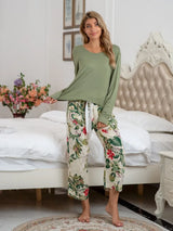 Round Neck Top and Printed Pants Lounge Set - V.I.P Digital Presence