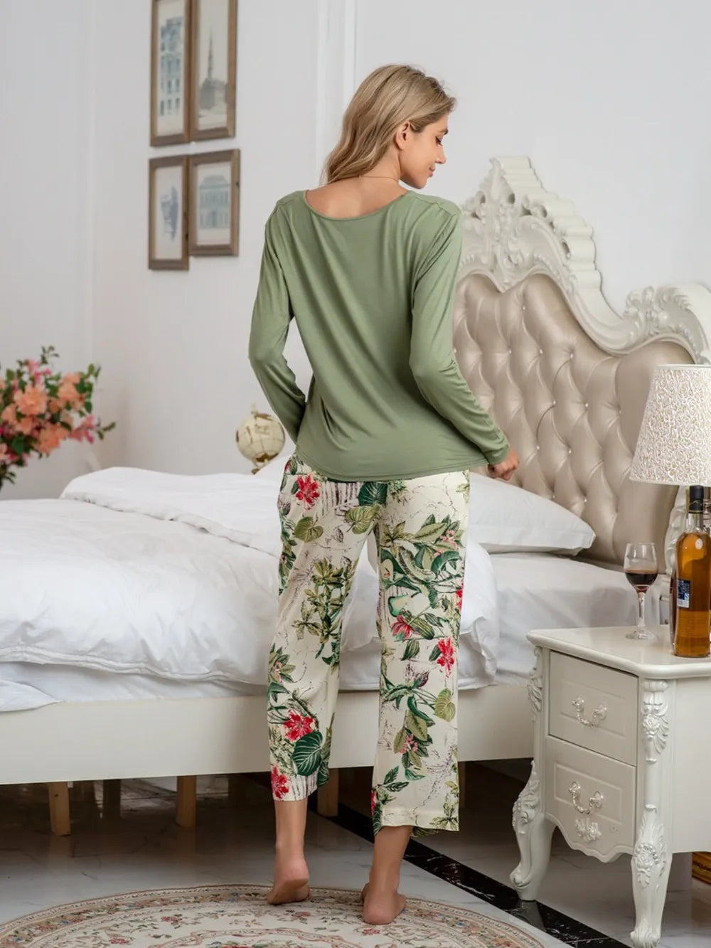 Round Neck Top and Printed Pants Lounge Set - V.I.P Digital Presence