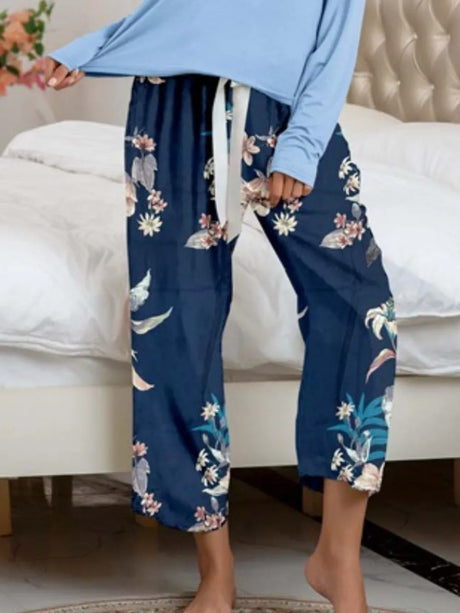 Round Neck Top and Printed Pants Lounge Set - V.I.P Digital Presence