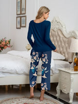 Round Neck Top and Printed Pants Lounge Set - V.I.P Digital Presence