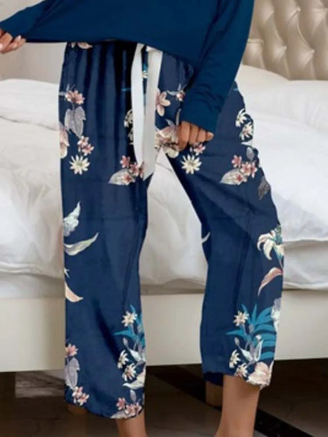 Round Neck Top and Printed Pants Lounge Set - V.I.P Digital Presence