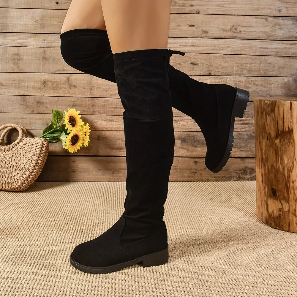 Round Toe Suede Low Heel Boots - V.I.P Digital Presence