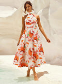 Ruched Printed Halter Neck Dress - V.I.P Digital Presence