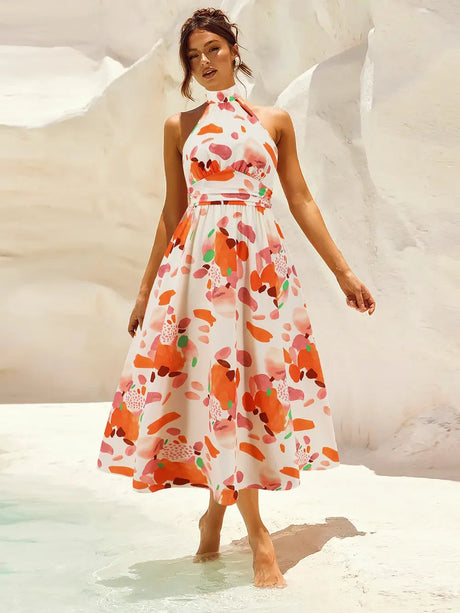 Ruched Printed Halter Neck Dress - V.I.P Digital Presence