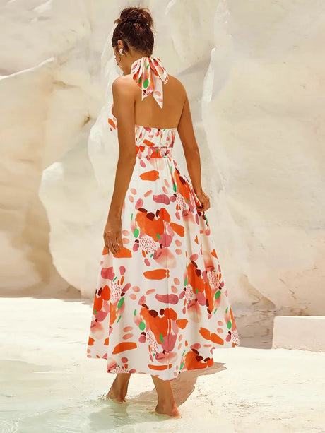 Ruched Printed Halter Neck Dress - V.I.P Digital Presence