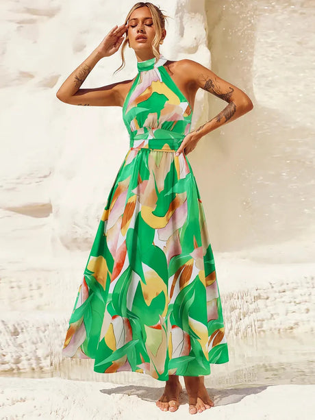 Ruched Printed Halter Neck Dress - V.I.P Digital Presence