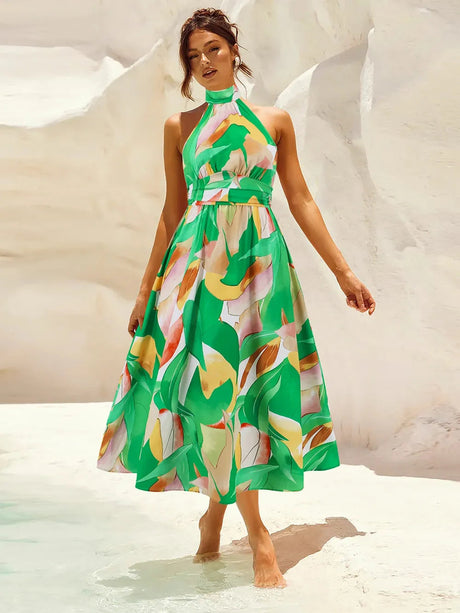 Ruched Printed Halter Neck Dress - V.I.P Digital Presence