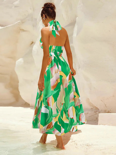 Ruched Printed Halter Neck Dress - V.I.P Digital Presence