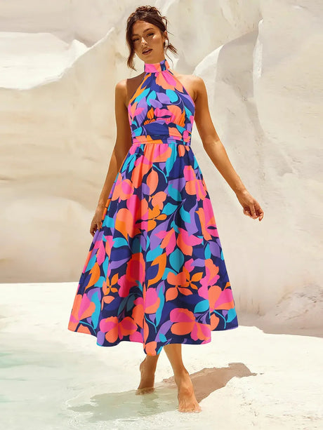 Ruched Printed Halter Neck Dress - V.I.P Digital Presence