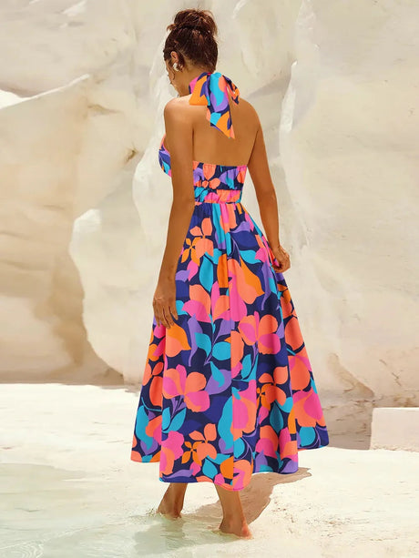 Ruched Printed Halter Neck Dress - V.I.P Digital Presence