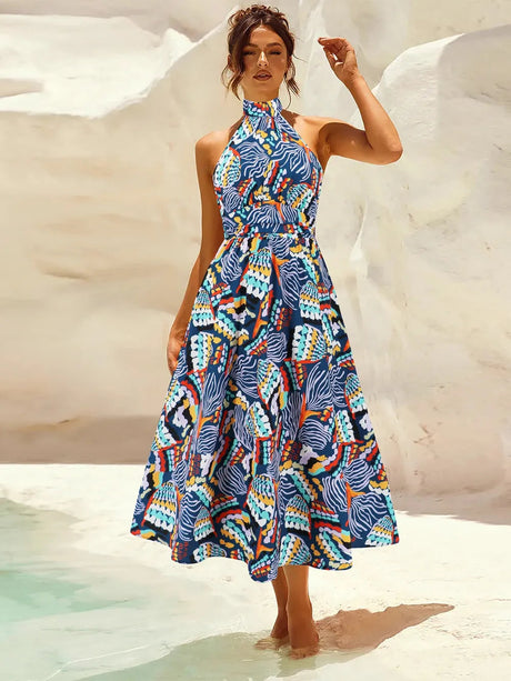 Ruched Printed Halter Neck Dress - V.I.P Digital Presence