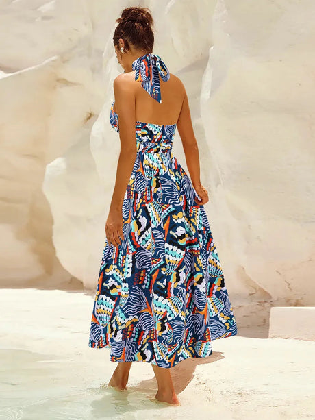 Ruched Printed Halter Neck Dress - V.I.P Digital Presence