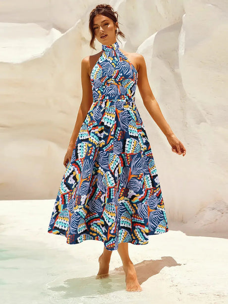 Ruched Printed Halter Neck Dress - V.I.P Digital Presence