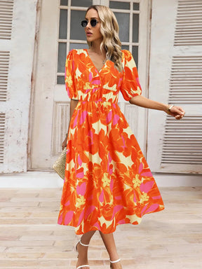 Ruched Printed Surplice Short Sleeve Dress - V.I.P Digital Presence