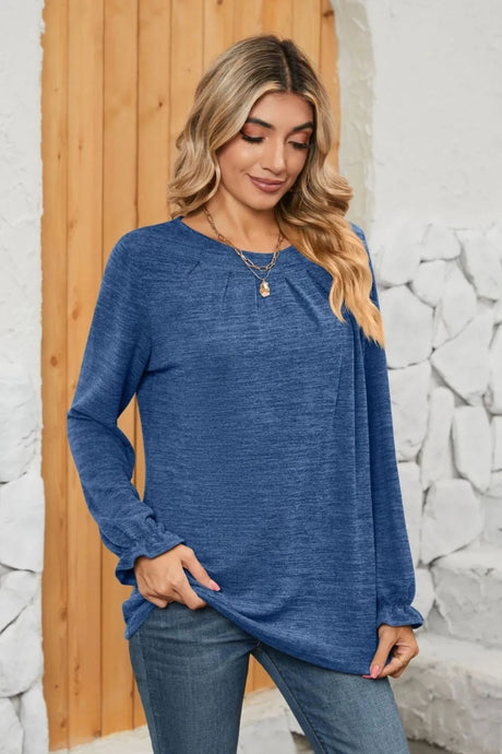 Ruched Round Neck Flounce Sleeve T-Shirt - V.I.P Digital Presence