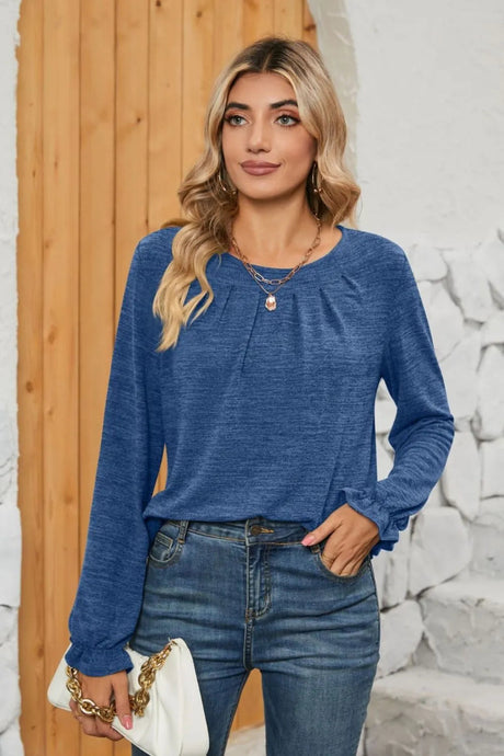 Ruched Round Neck Flounce Sleeve T-Shirt - V.I.P Digital Presence