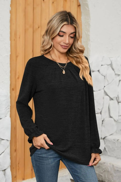 Ruched Round Neck Flounce Sleeve T-Shirt - V.I.P Digital Presence