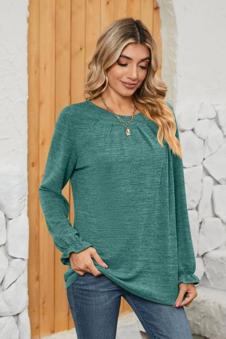 Ruched Round Neck Flounce Sleeve T-Shirt - V.I.P Digital Presence