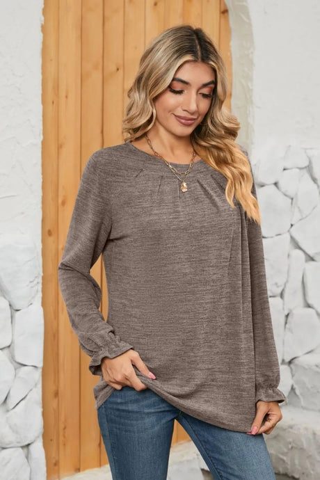 Ruched Round Neck Flounce Sleeve T-Shirt - V.I.P Digital Presence