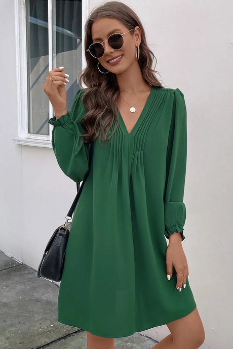 Ruched V-Neck Flounce Sleeve Dress - V.I.P Digital Presence