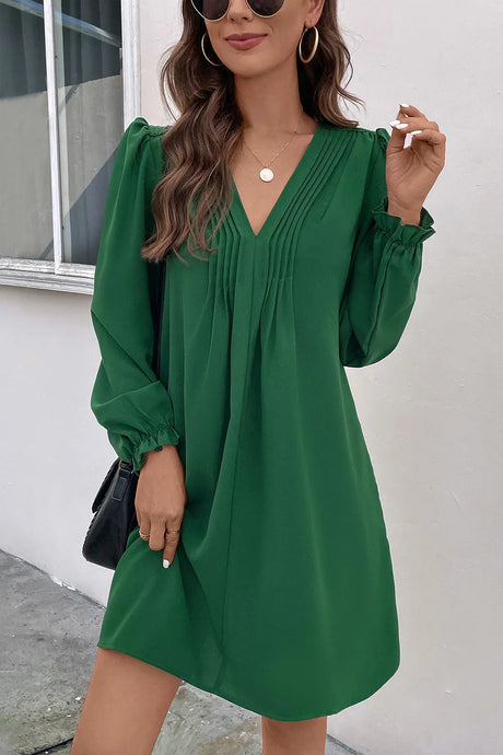 Ruched V-Neck Flounce Sleeve Dress - V.I.P Digital Presence