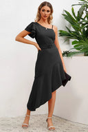 Ruffled Asymmetrical Neck Flutter Sleeve Dress - V.I.P Digital Presence
