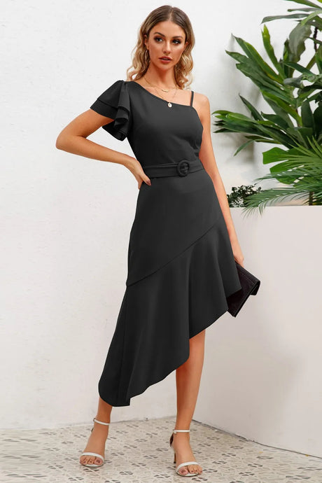Ruffled Asymmetrical Neck Flutter Sleeve Dress - V.I.P Digital Presence