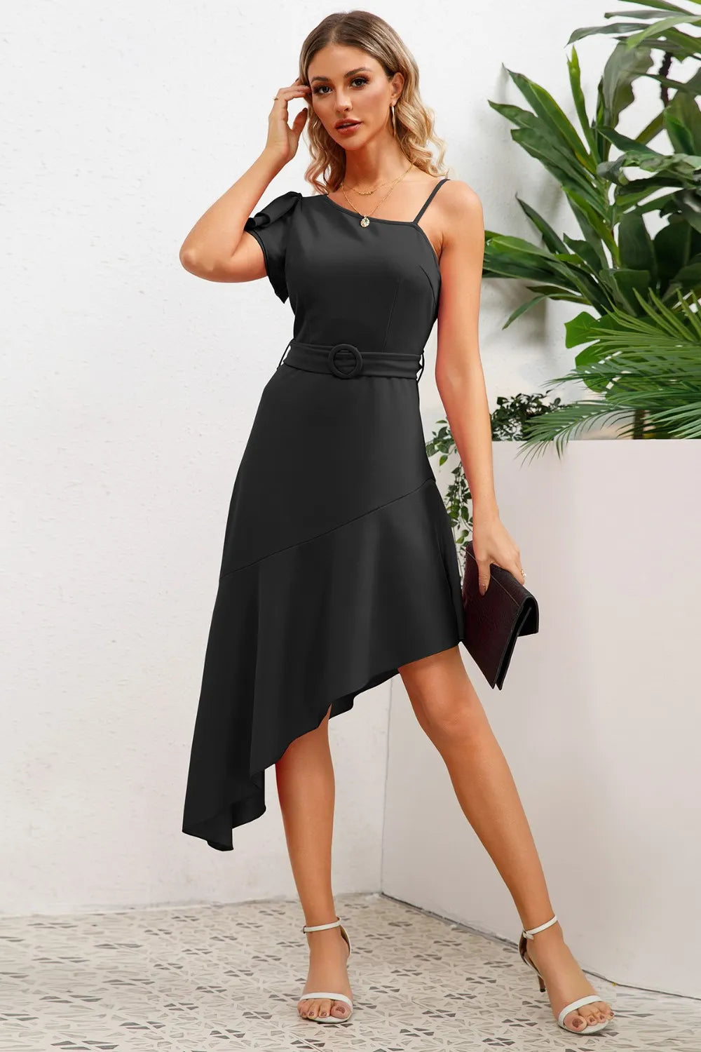 Ruffled Asymmetrical Neck Flutter Sleeve Dress - V.I.P Digital Presence