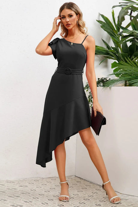Ruffled Asymmetrical Neck Flutter Sleeve Dress - V.I.P Digital Presence