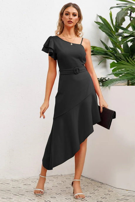 Ruffled Asymmetrical Neck Flutter Sleeve Dress - V.I.P Digital Presence