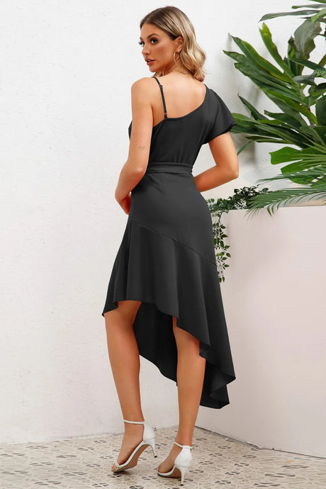 Ruffled Asymmetrical Neck Flutter Sleeve Dress - V.I.P Digital Presence