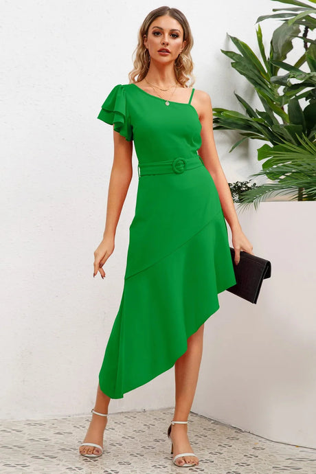 Ruffled Asymmetrical Neck Flutter Sleeve Dress - V.I.P Digital Presence