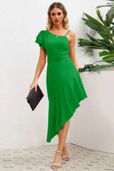 Ruffled Asymmetrical Neck Flutter Sleeve Dress - V.I.P Digital Presence