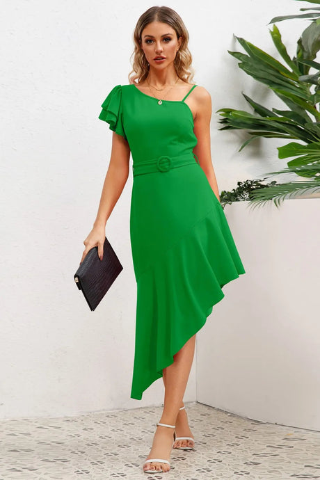 Ruffled Asymmetrical Neck Flutter Sleeve Dress - V.I.P Digital Presence