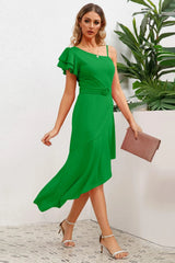 Ruffled Asymmetrical Neck Flutter Sleeve Dress - V.I.P Digital Presence